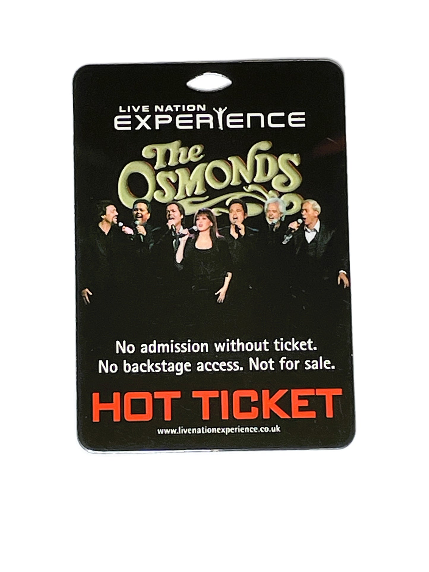 Live Nation Experience Osmonds concert ticket with band image on a black background