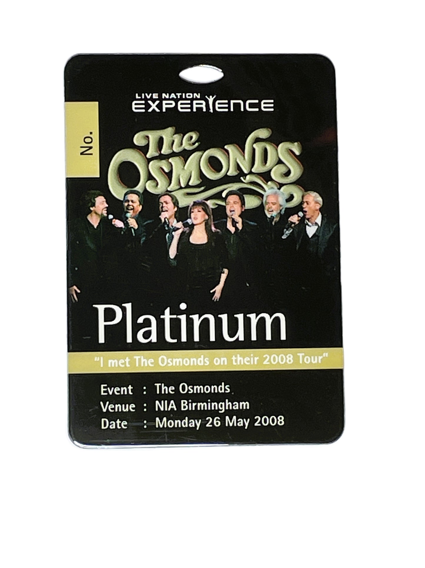 Memorabilia pass featuring The Osmonds with event details on a black background