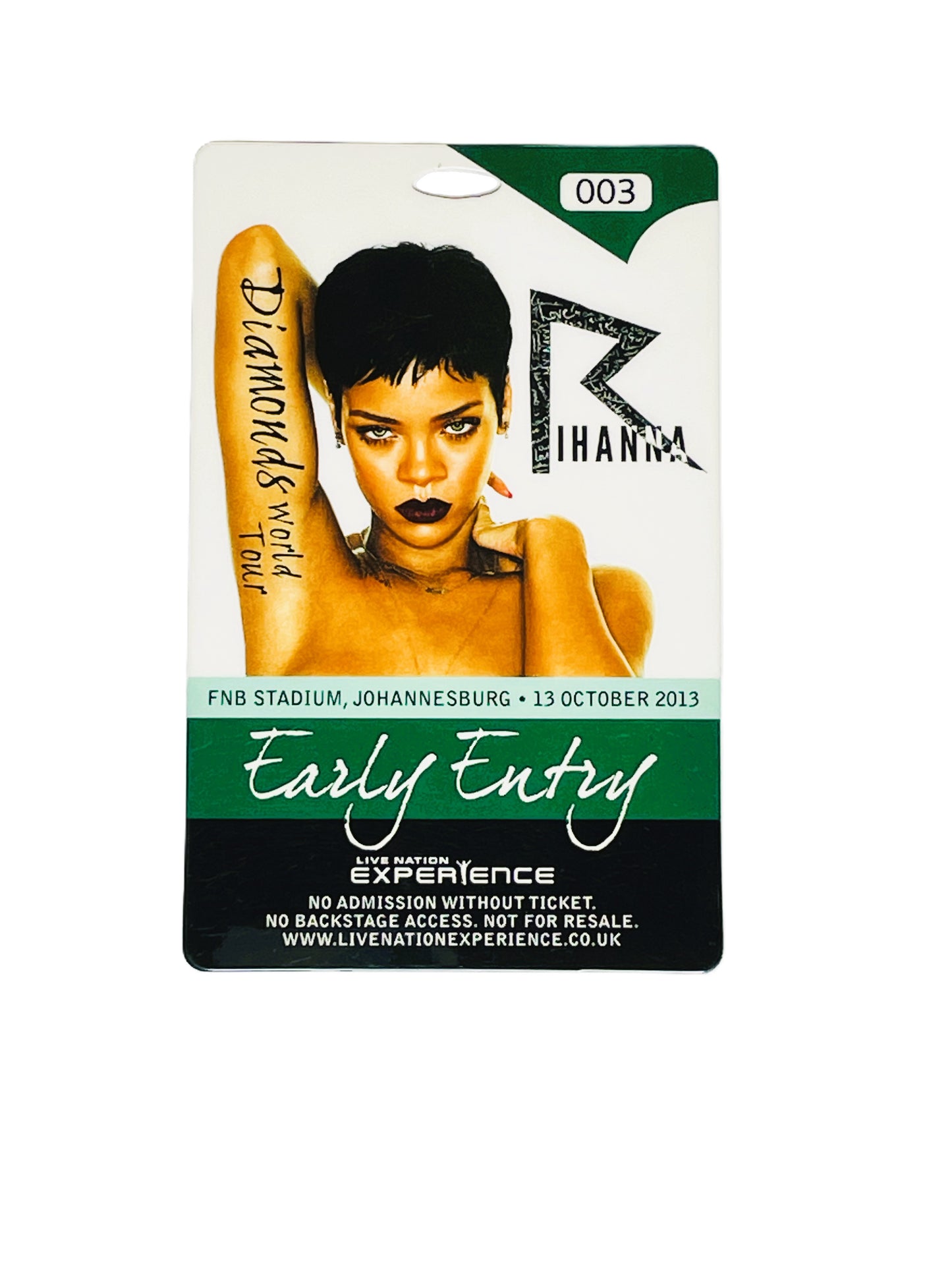 Rihanna concert pass with a portrait of the artist on a white background