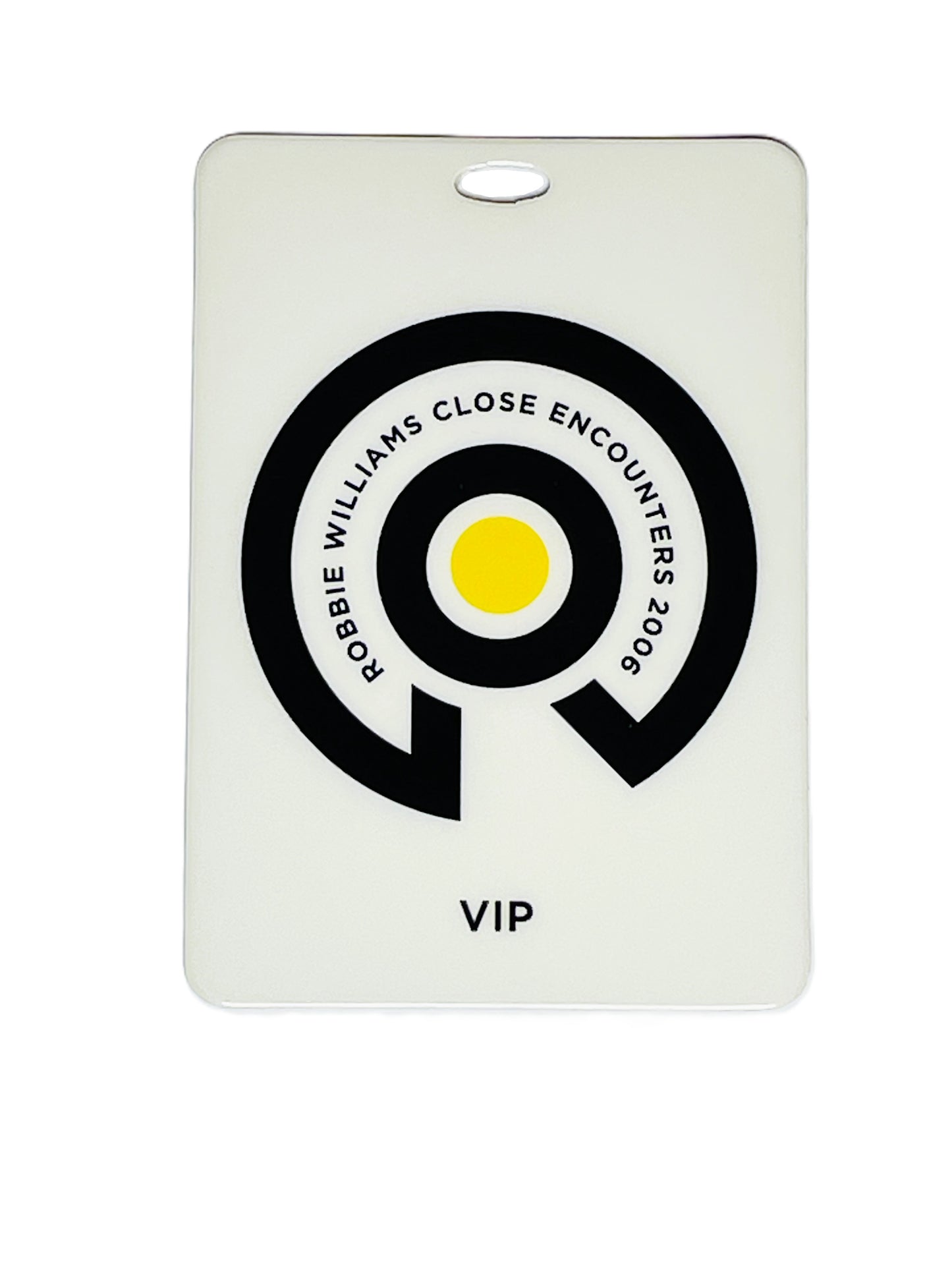 VIP pass with 'Robbie Williams Close Encounters 2005' design on a white background