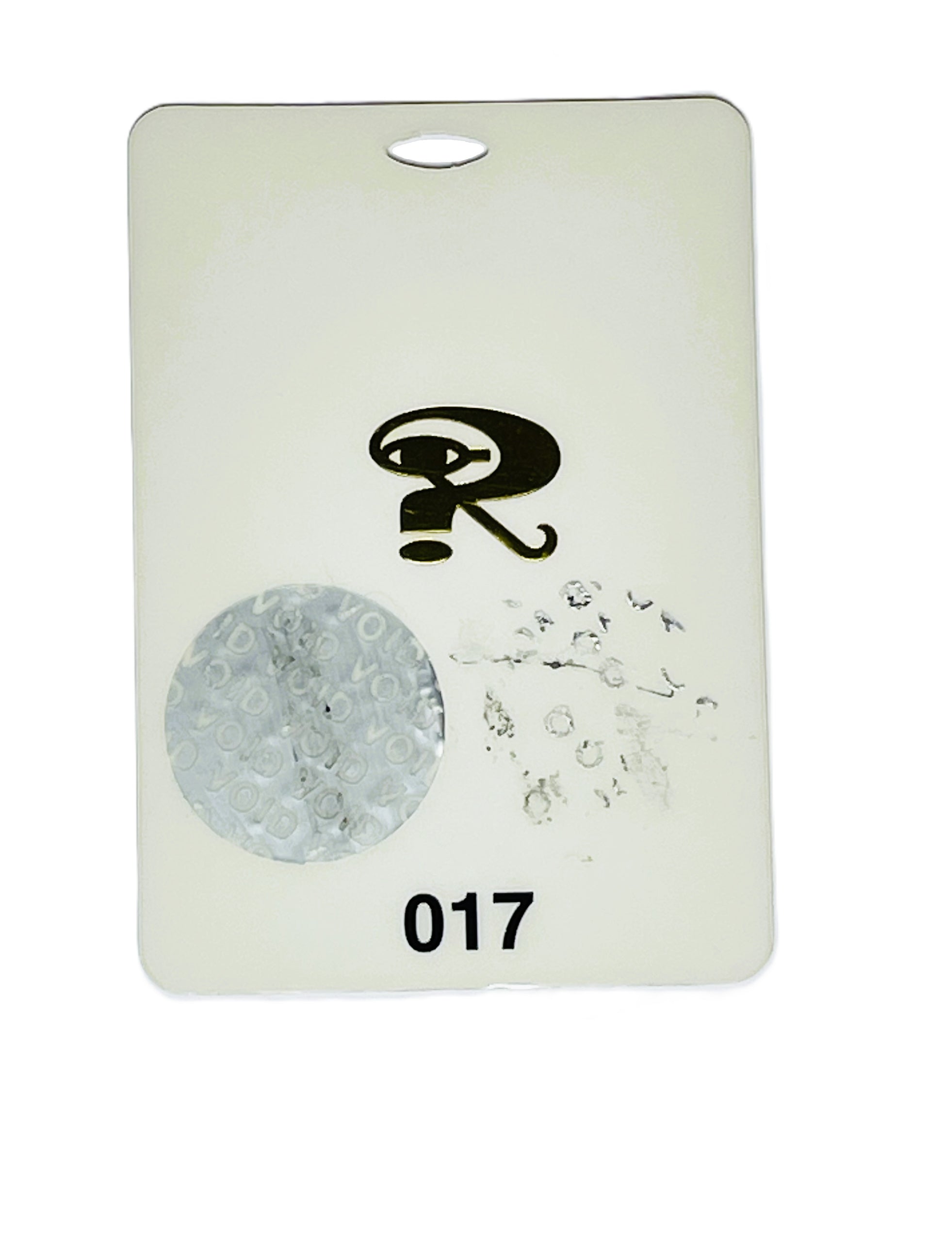 Rectangular white pass with black letter 'R' and number '017', on a white background