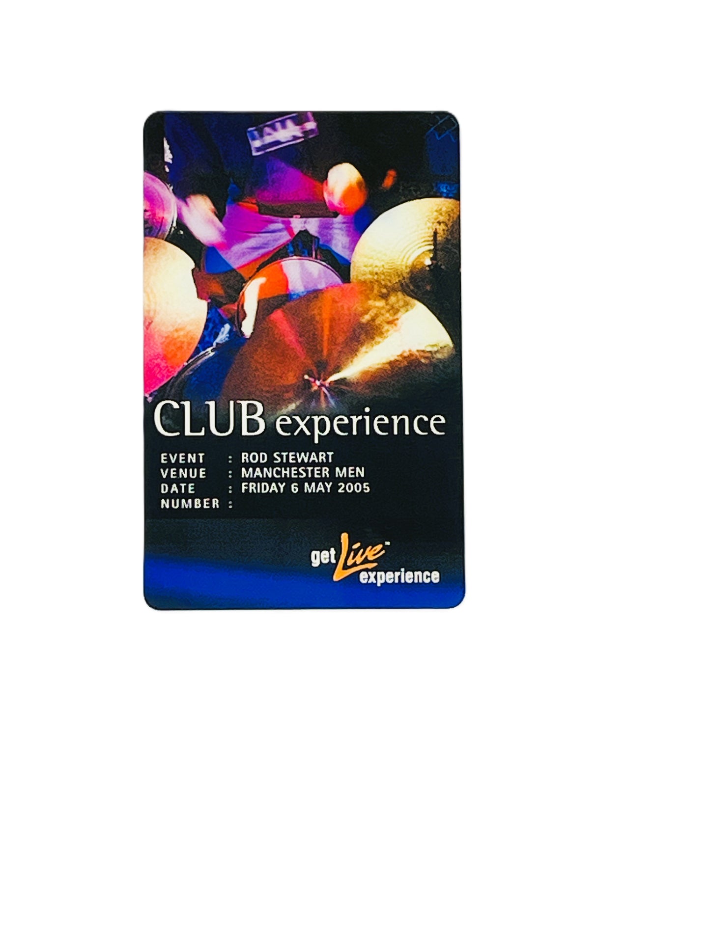 Promotional card for 'CLUB experience' event featuring Rod Stewart with colorful design elements.