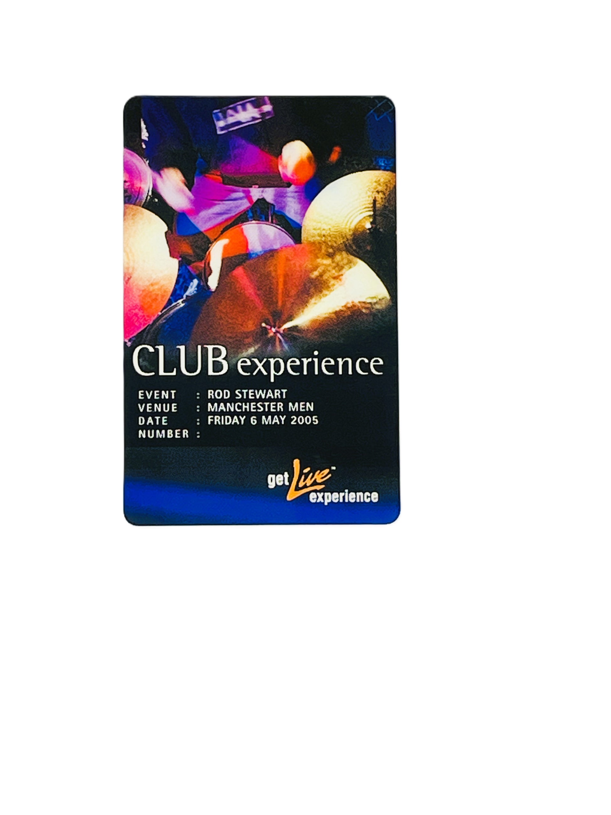 Promotional card for 'CLUB experience' event featuring Rod Stewart with colorful design elements.