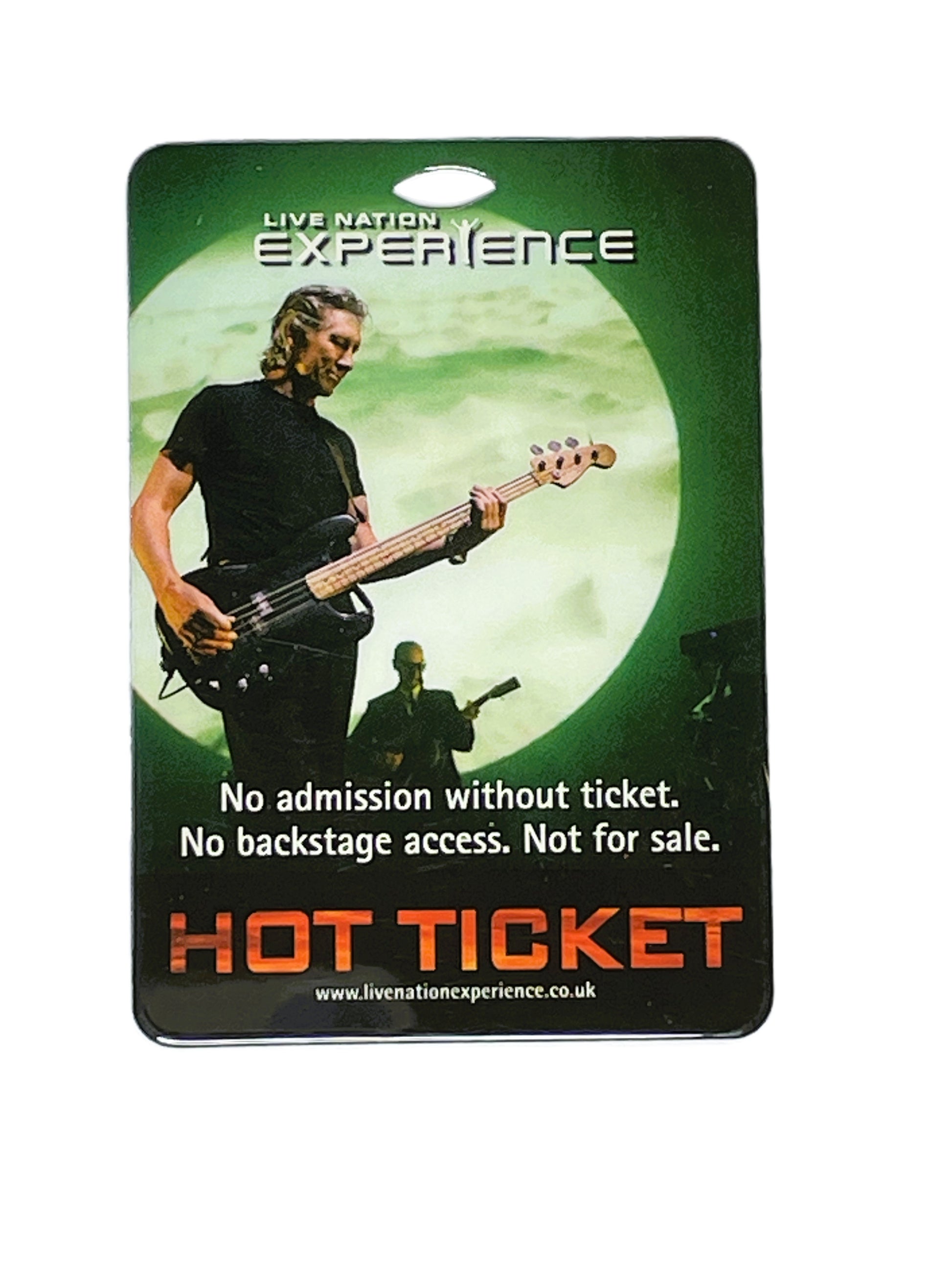 Live Nation Experience hot ticket with Roger Waters playing bass guitar on a green background
