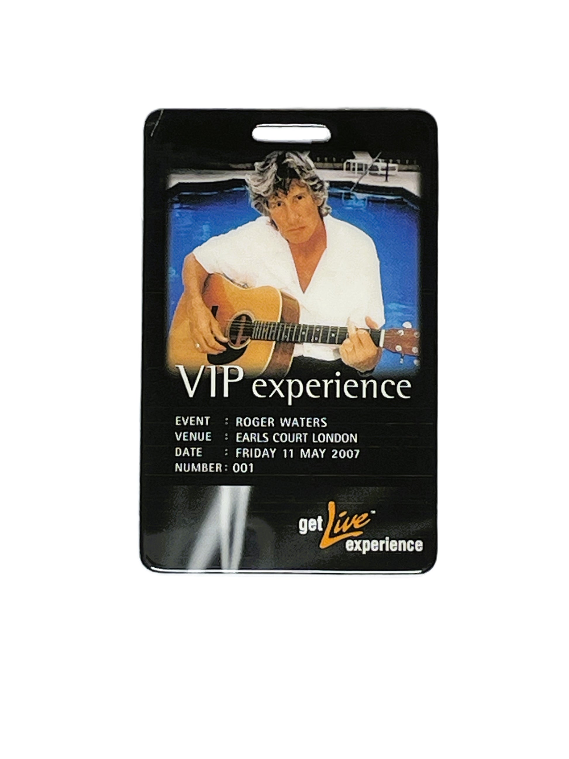 VIP pass with Roger Waters holding a guitar, featuring 'get live experience' branding.