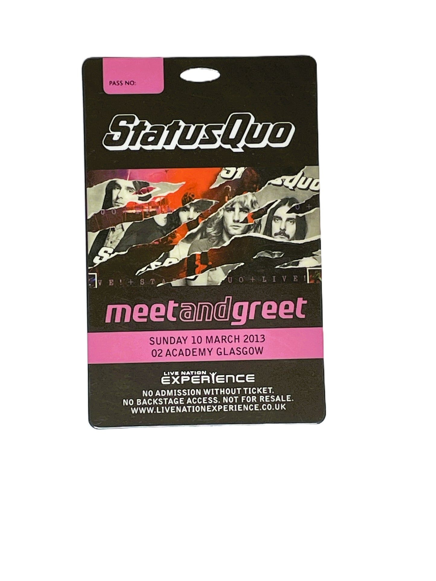 Status Quo meet and greet pass with band members and event details on a black background