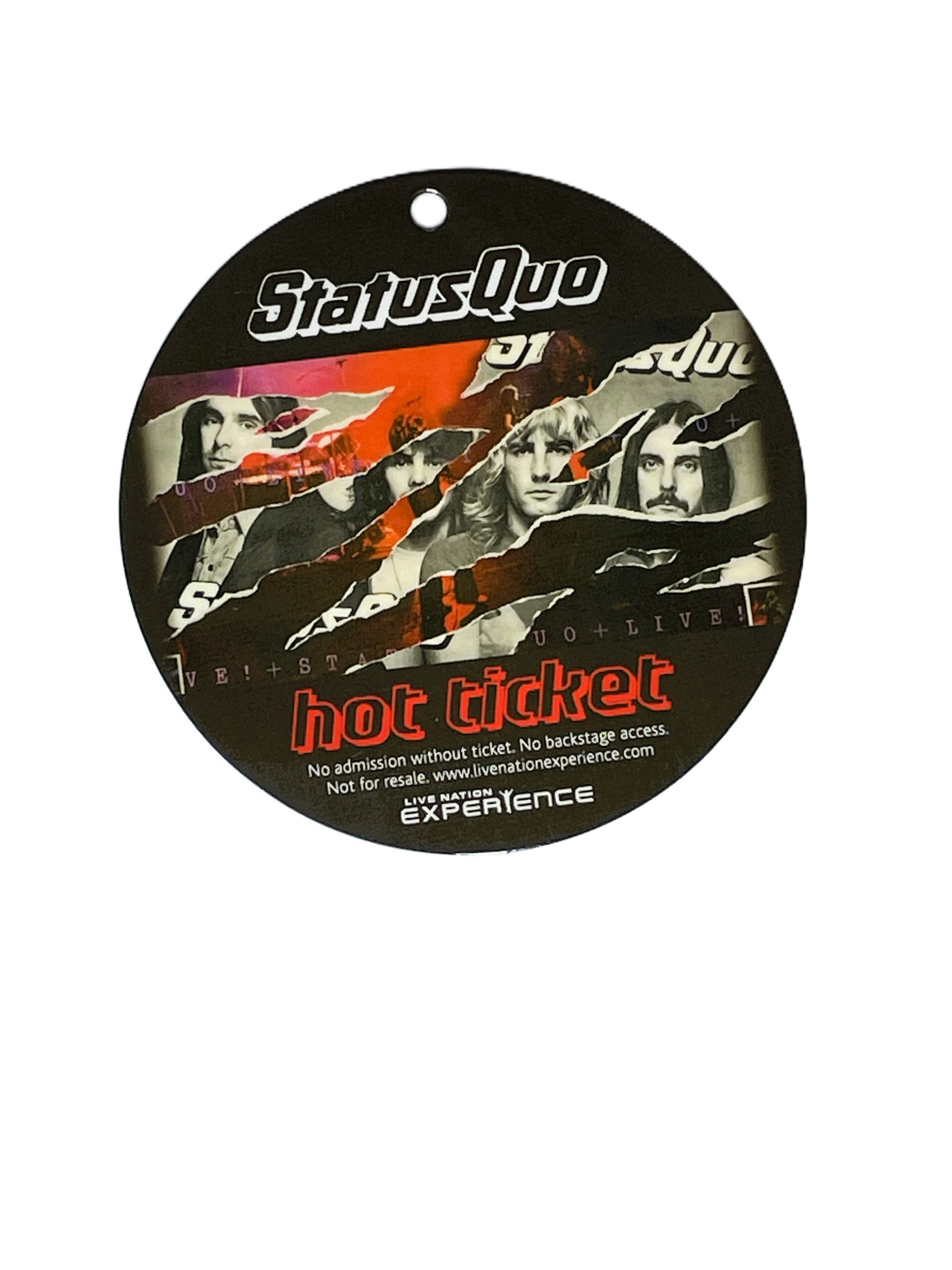 Round Status Quo pass with band members and 'Hot Ticket' text 