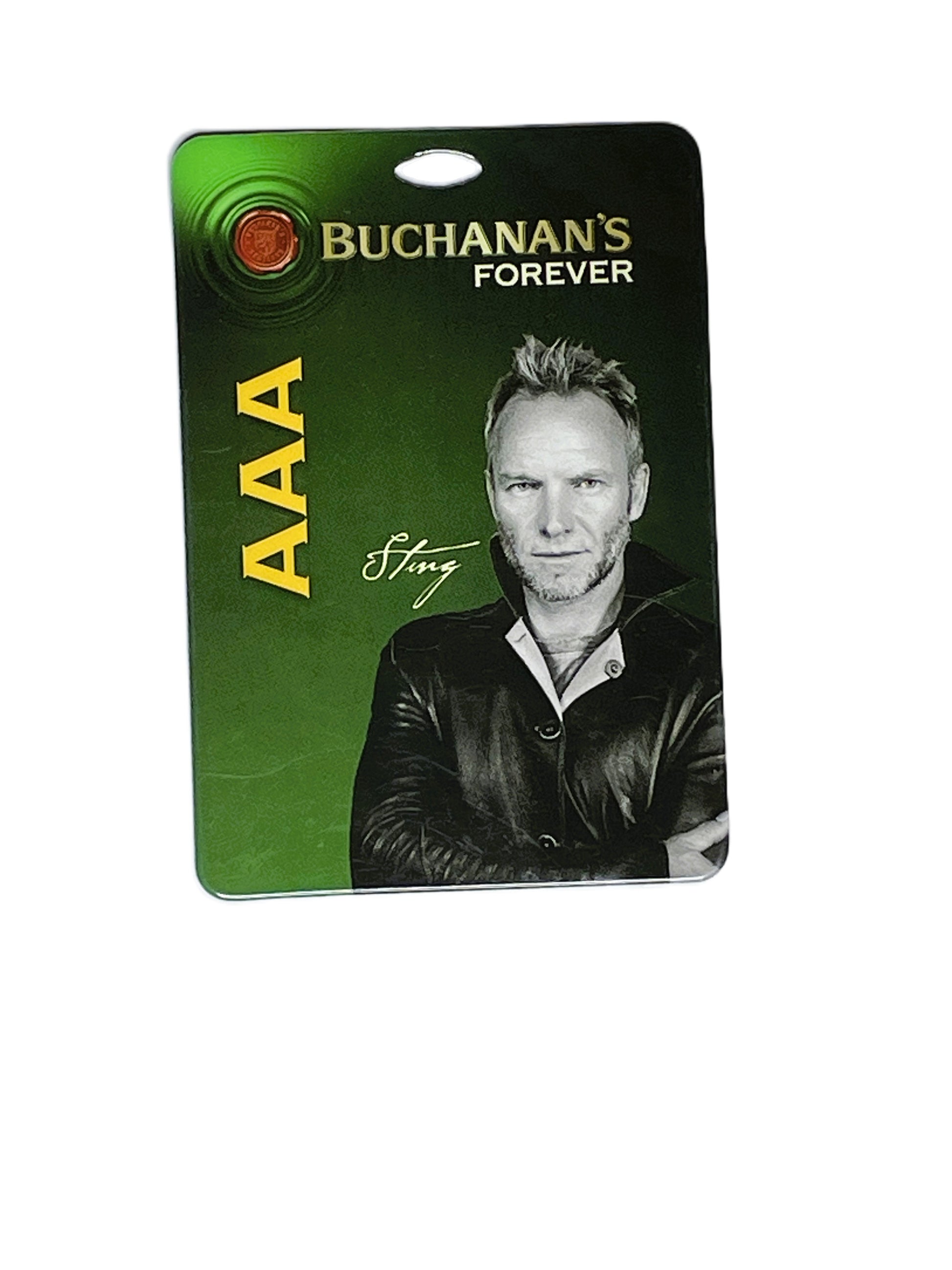 Buchanan's AAA Forever pass with a black and white portrait of a Sting on a green background