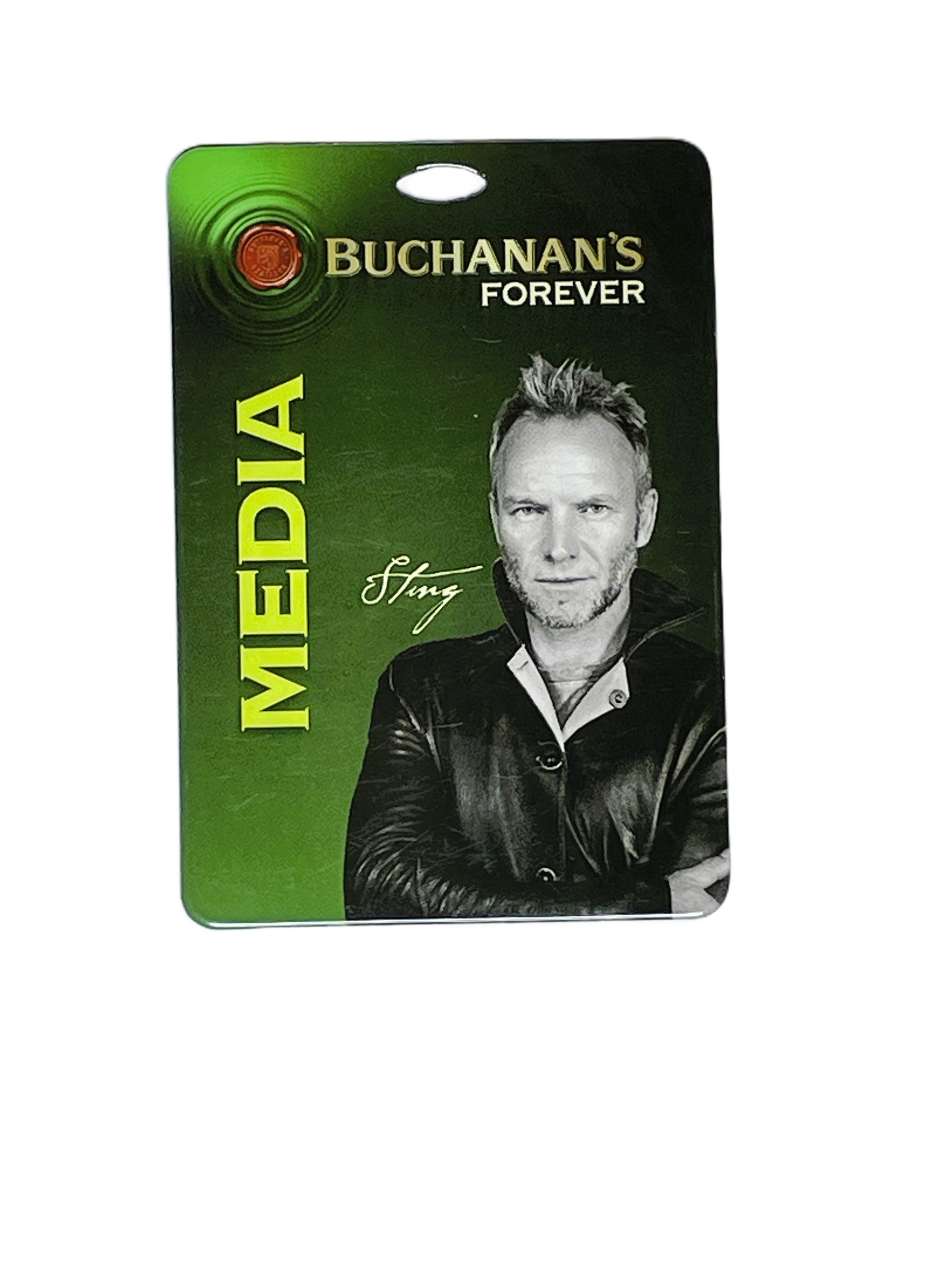 Media pass with a portrait of a Sting and text on a green background