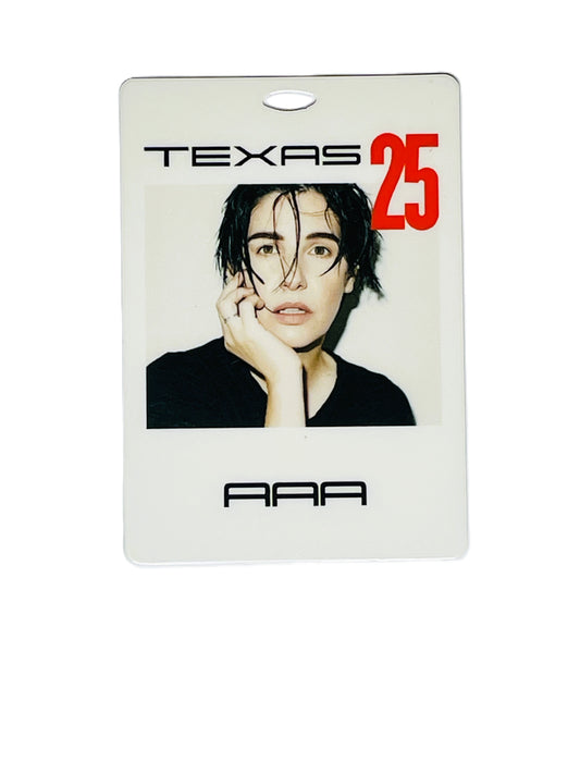 Pass with a person's face and 'Texas 25' text on a white background