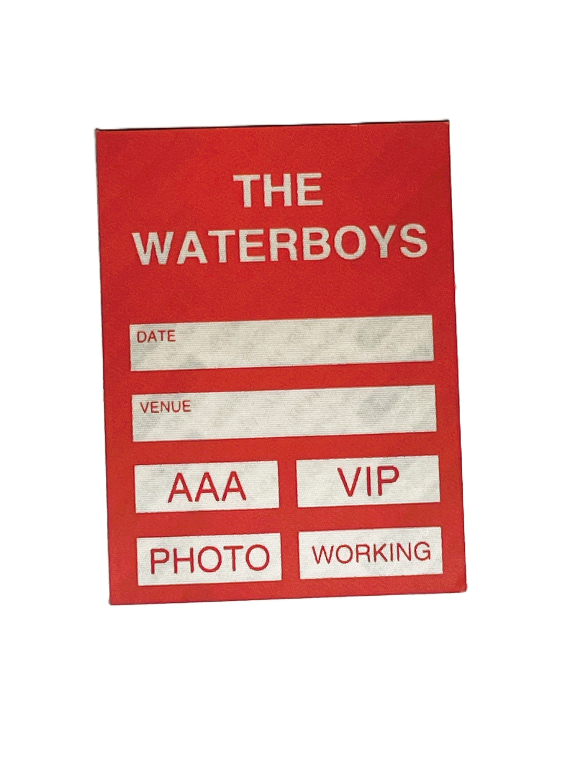 Red backstage pass with 'The Waterboys' branding on a white background