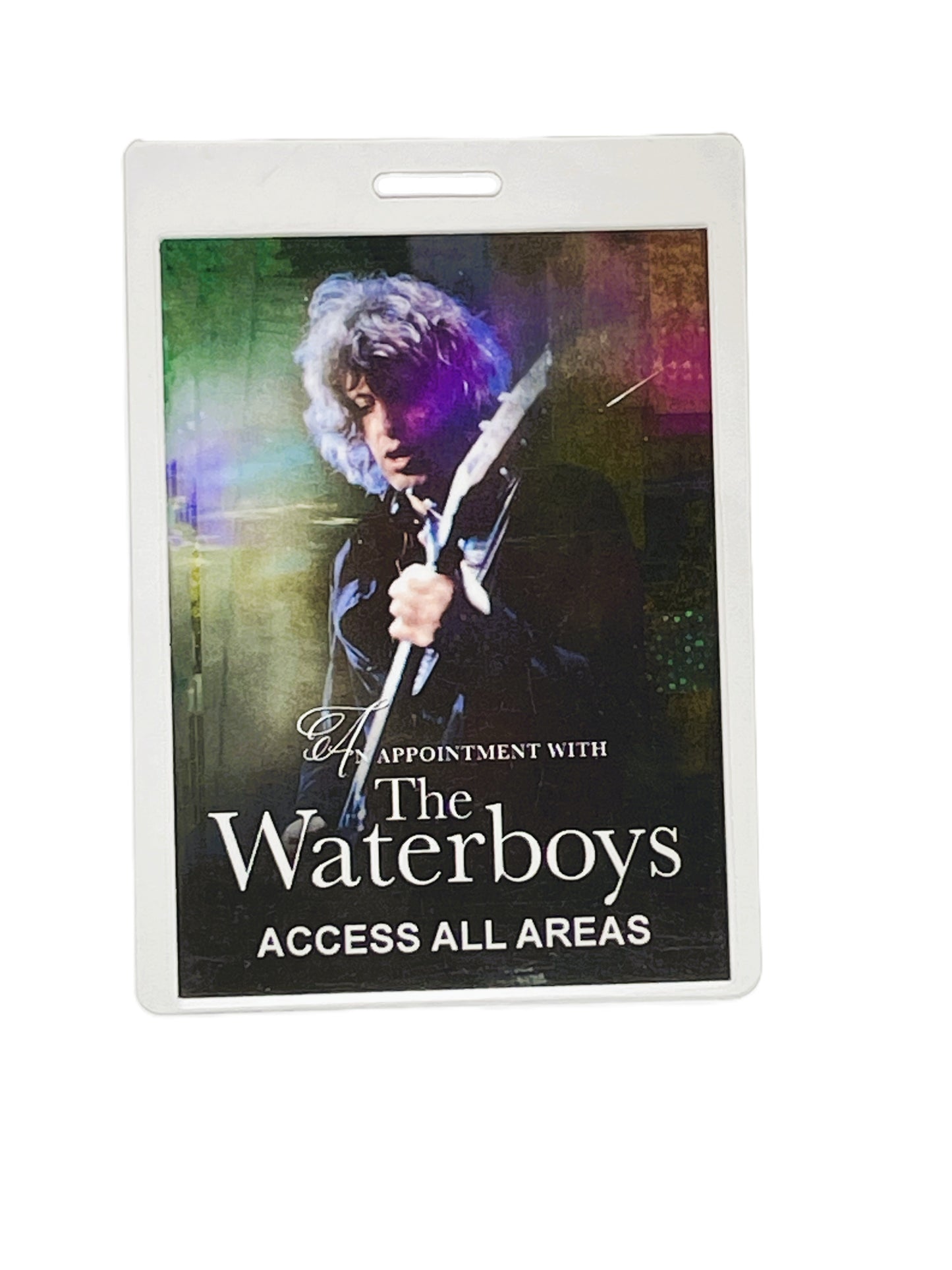 Laminated concert pass with 'The Waterboys' branding and a colorful design.