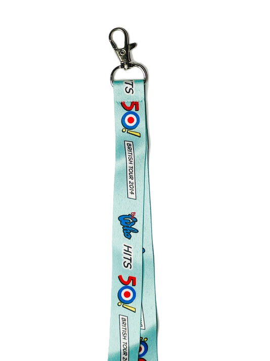 Lanyard with a design featuring numbers and letters on a light blue background