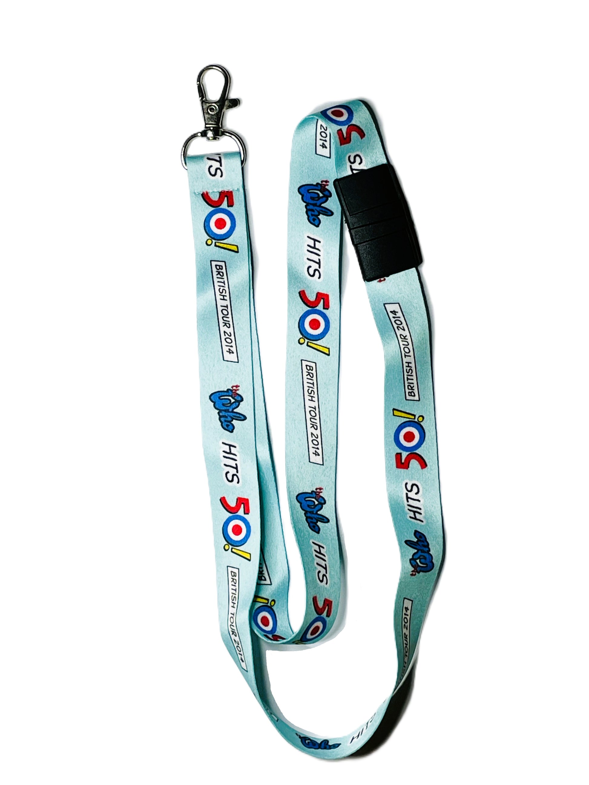 Lanyard with '50 Hits' branding on a light blue background