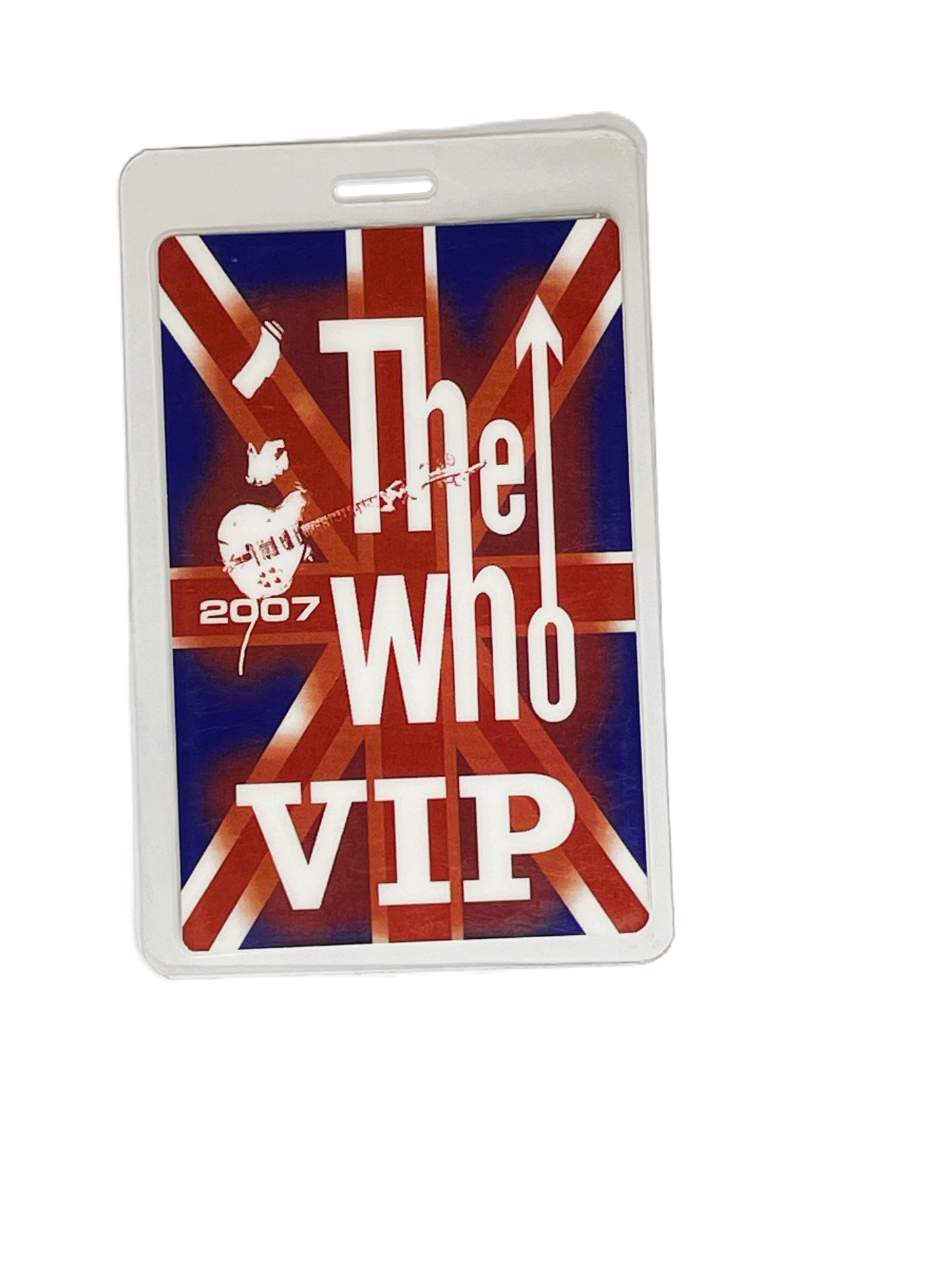 VIP pass with The Who logo and Union Jack design on a white background