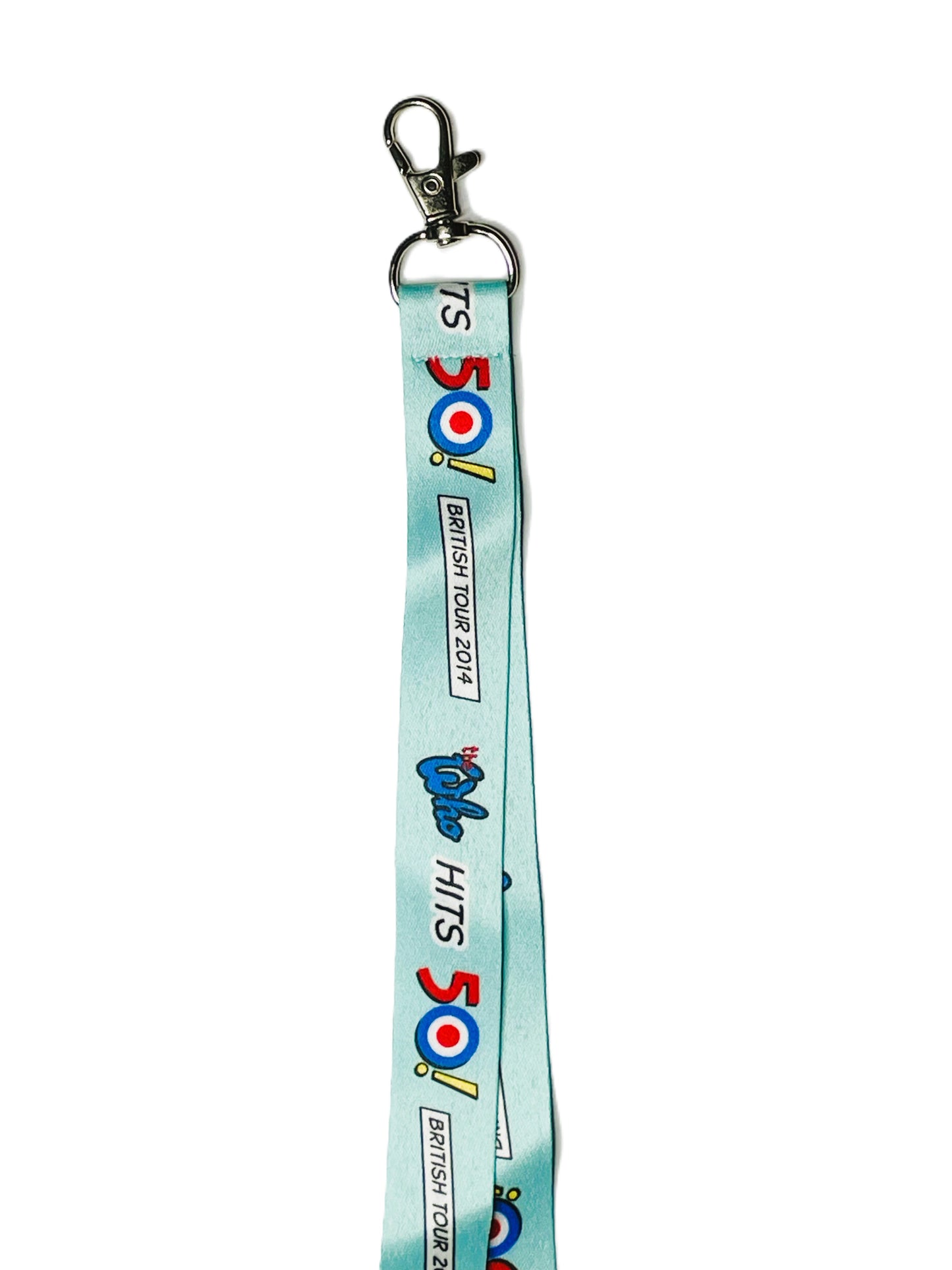 Lanyard with a design featuring numbers and letters on a light blue background