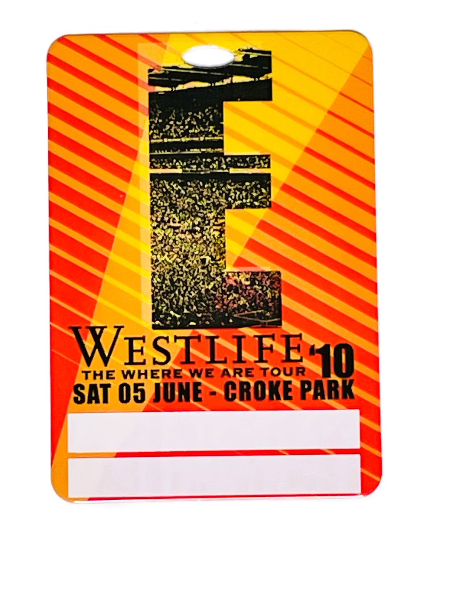 Promotional card for Westlife concert at Croke Park with orange and yellow design.