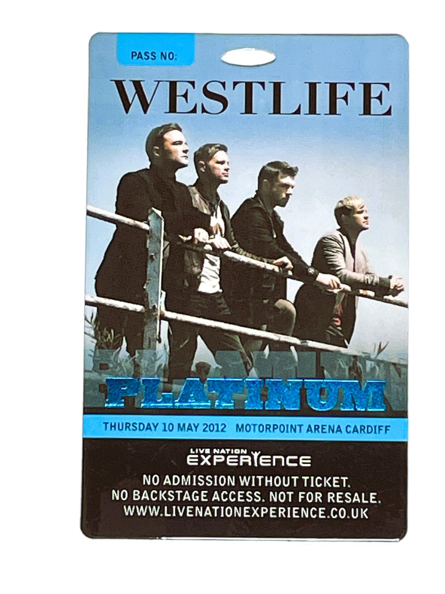 Pass for Westlife concert at Motorpoint Arena Cardiff, featuring four band members.