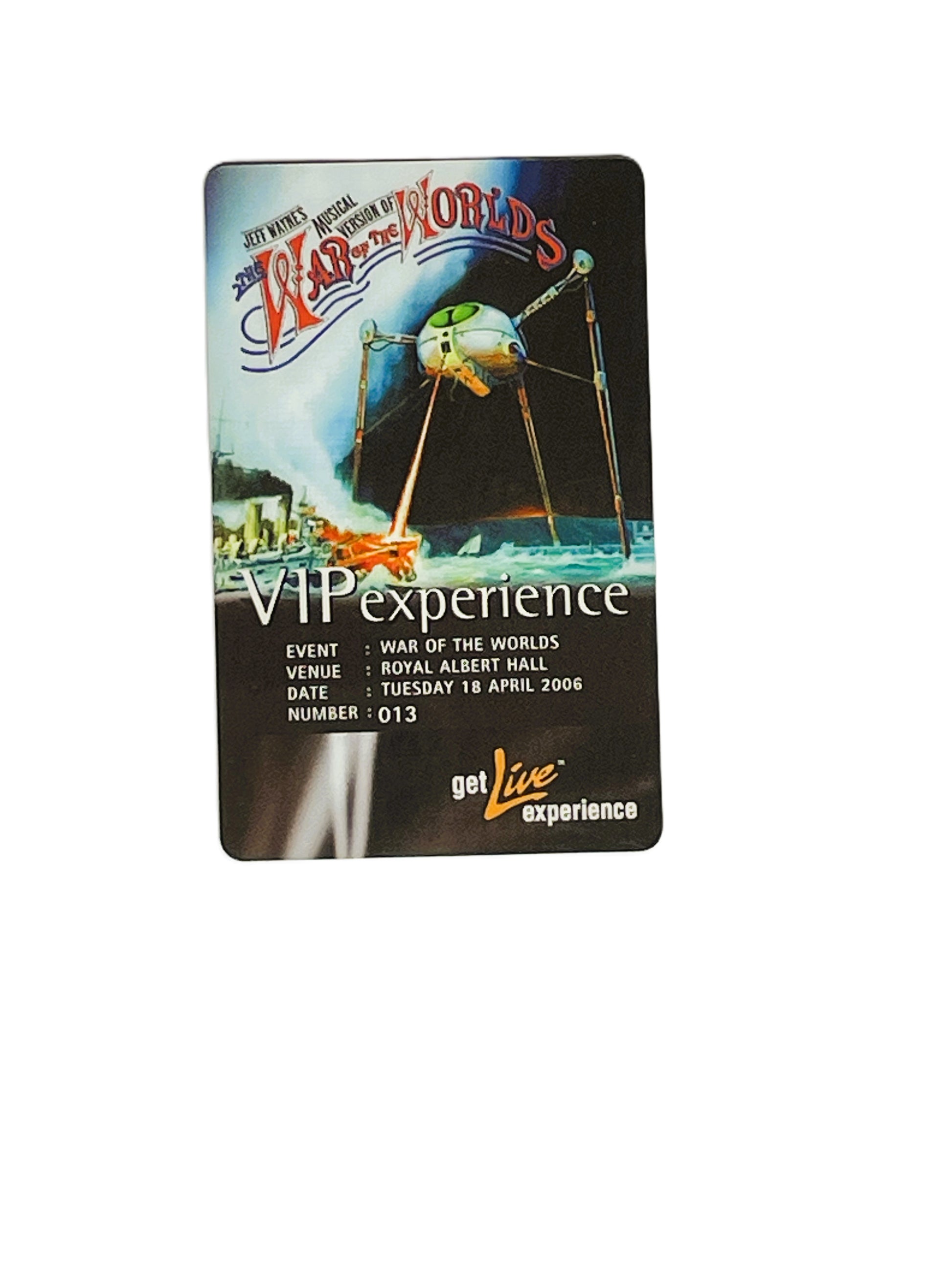 VIP pass for 'War of the Worlds' event with colorful design and text.