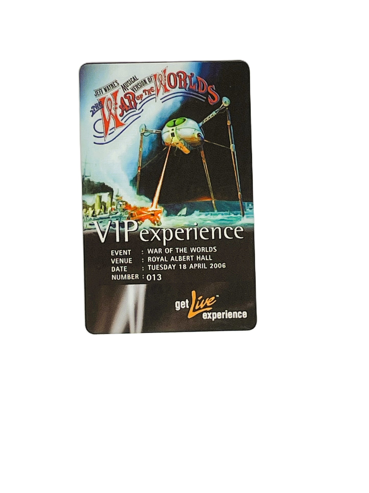 VIP pass for 'War of the Worlds' event with colorful design and text.