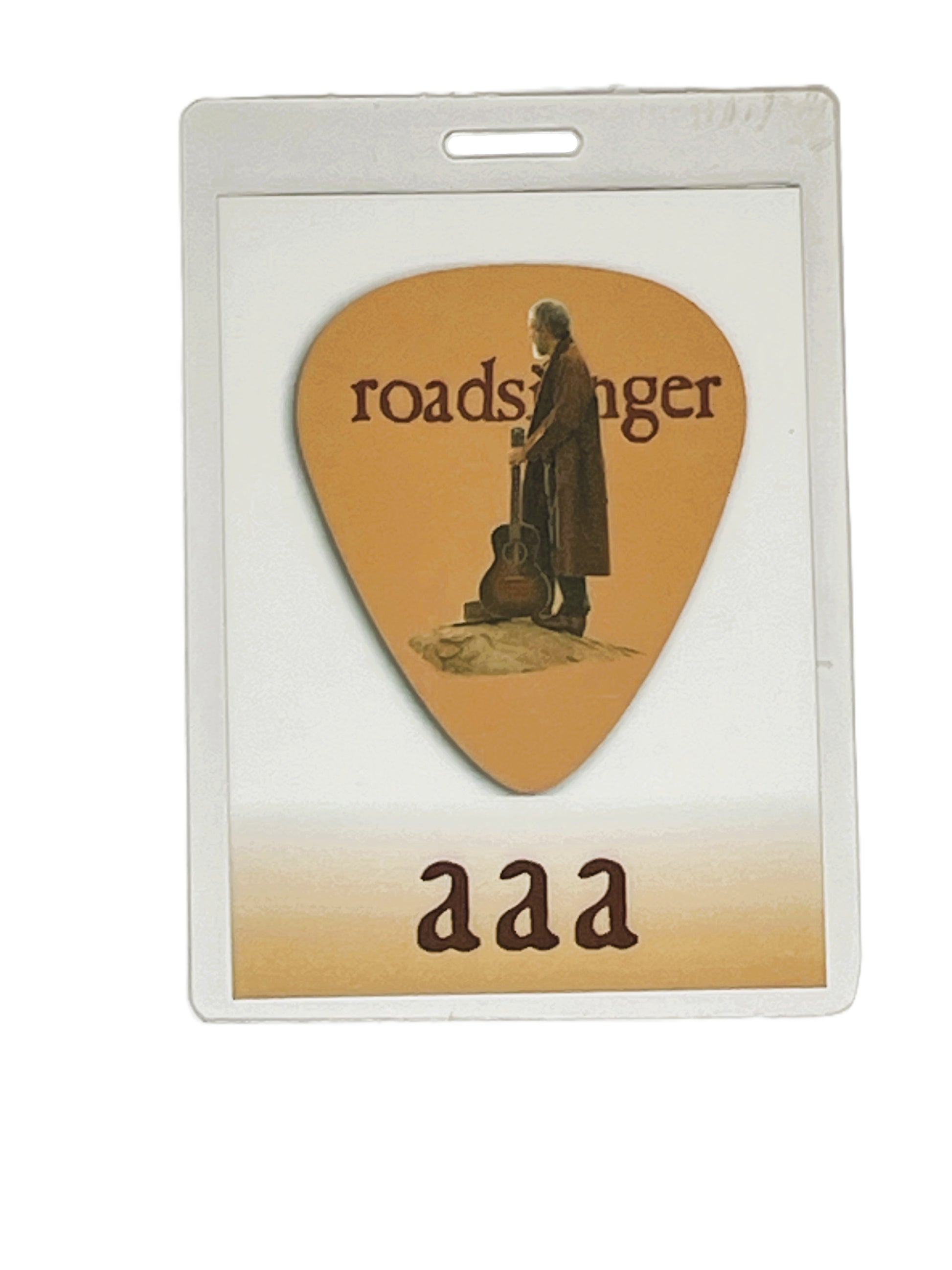 Guitar pick with 'roadsinger' branding 