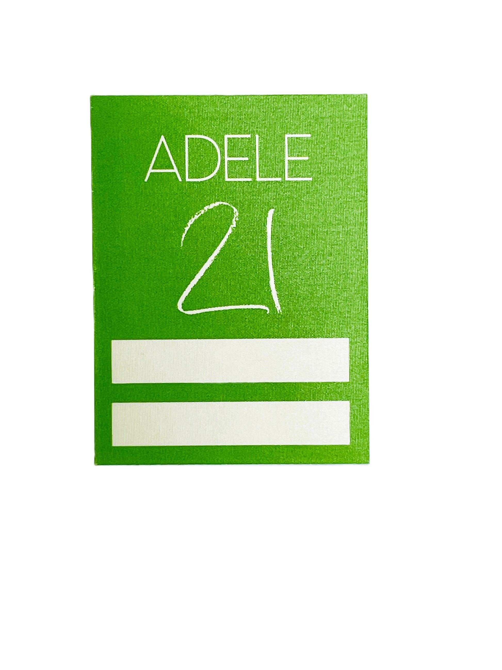 Green  sticky pass with 'Adele 21' text on a white background