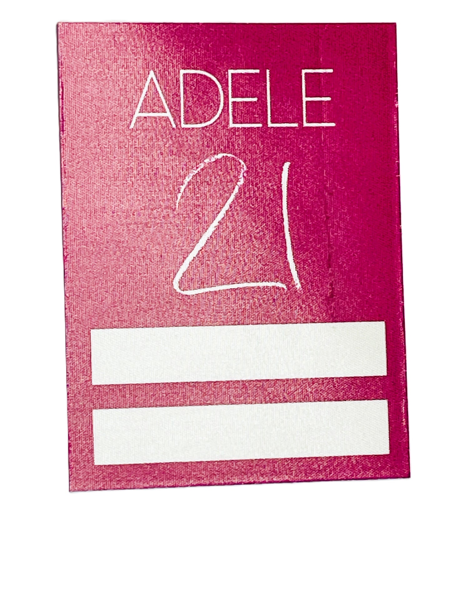 Pink sticky Pass with 'Adele 21' text  in white.